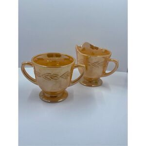 2 Piece Vintage Fire King Iridescent Orange Sugar Bowl & Creamer Set